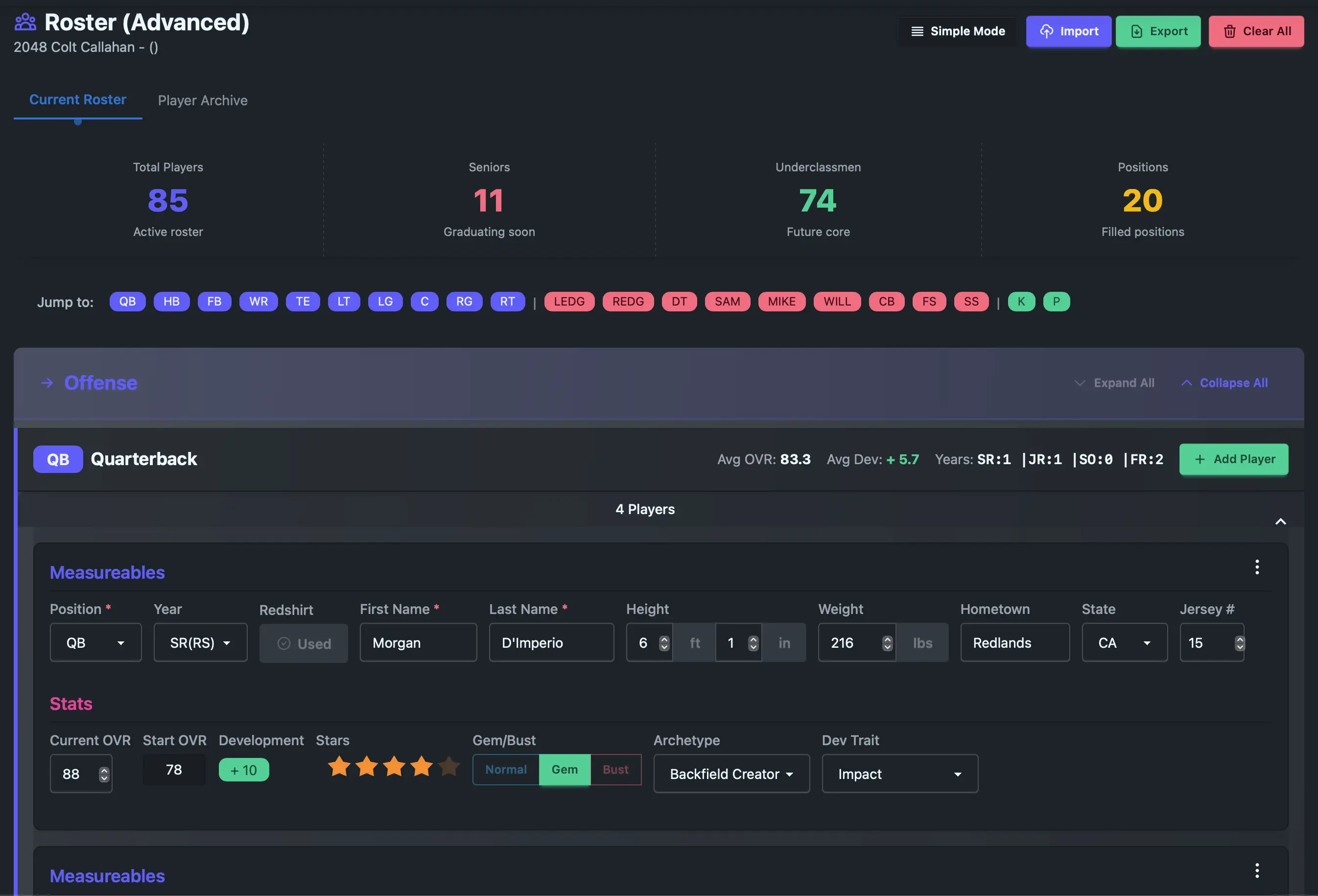 Player development tracking showing OVR progression over multiple seasons